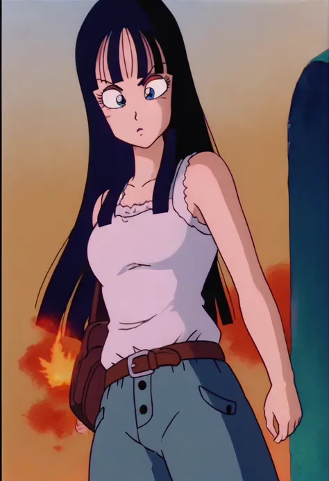 source_anime, score_9, score_8_up, score_7_up, anime screencap,8k, absurd res,
mai \(dragon ball\), long hair, bangs, blue eyes, black hair,
white vest, tank top, tan pants, dutch angle, smoke, fire, city in ruins, destruction, wind lift, 
 