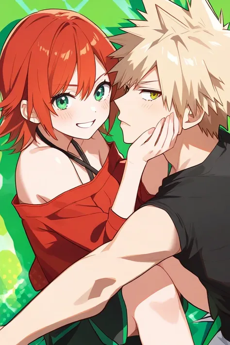 Bakugou katsuki with a red-haired girl with emerald green eyes 