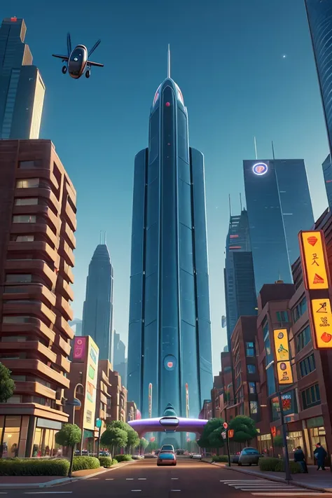 Futuristic utopian technological city ,  with flying cars ,  illuminated buildings ,  walkways between cartoon-style buildings.