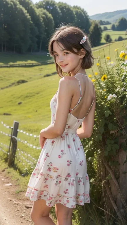   full body image ,    thirteen years old    ,      with a face with soft European features   ,      smiling,     short floral dress with thin straps , in a rural landscape,  leaning against a wooden fence  ,  (  Facing the observer  :1.2)    ,  ( with bac...