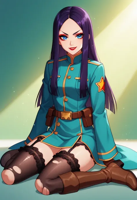 anime screencap, absurdres, high quality, official style,
agent mai, official style, 1girl, solo, purple hair, black hair, long hair, hime cut, big forehead, blue eyes, eyelashes, red eyeliner, lipstick, military uniform, long coat, teal topwear, print sle...