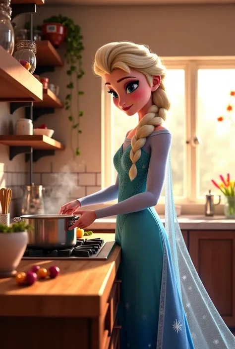 Give me AI photo of elsa who is busy in making food for her family 