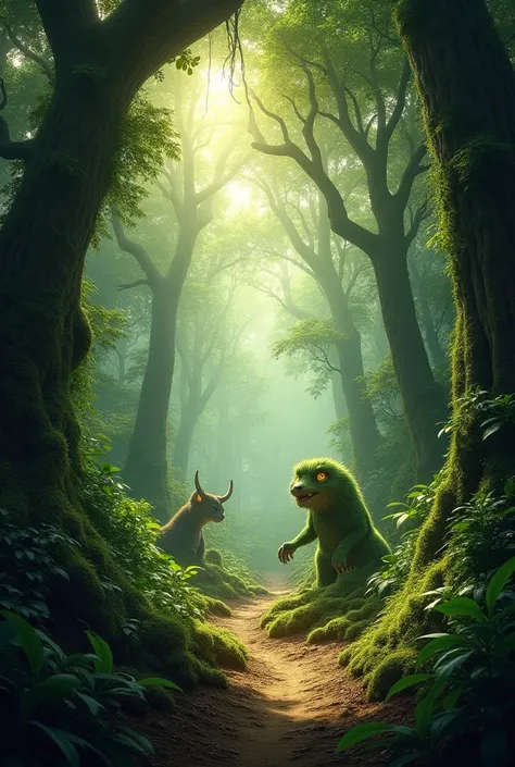 create an angled image of a forest that includes the mystical creatures of Brazilian folklore
