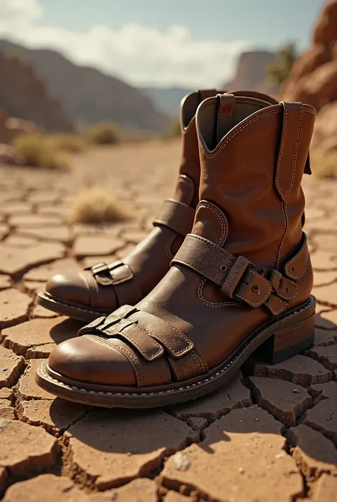 Backcountry cowboy sandals and boots on cracked ground 