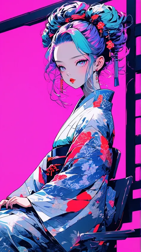  illustrator ,  Japanese anime , Practical , sketch, Standing ,  in the seat,cool ,lips ,whole body,order, background, half updo、neon hair, textured trim , ( Masterpiece, top quality) 、Kimono with a simple design,The inner collar is plain、 textured crop,  ...