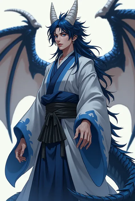 Demihuman Dragon, very visible white horns protruding from his forehead, dark blue hair with small white locks, intense blue eyes, with fine and very detailed features, has a large scaly dragon tail, dark blue that always moves slightly, also two imposing ...