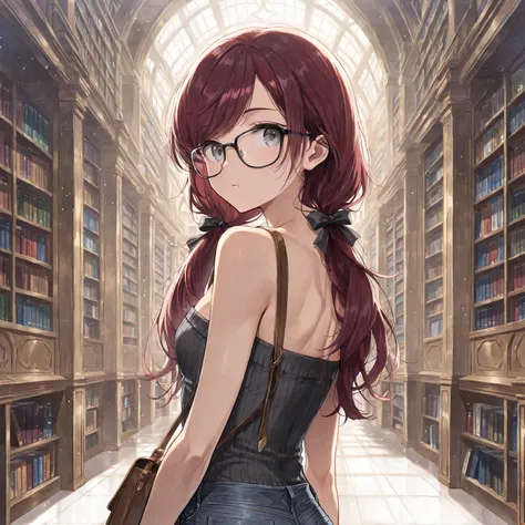 ((Masterpiece, best quality)), JK, intricate details, dark red hair, low twin tails, hair ribbons, gray eyes, small breasts), thin, toned arms, ribbed light gray strapless top, jeans, glasses, ((long swept bangs)), looking back, satchel, head tilt, library...