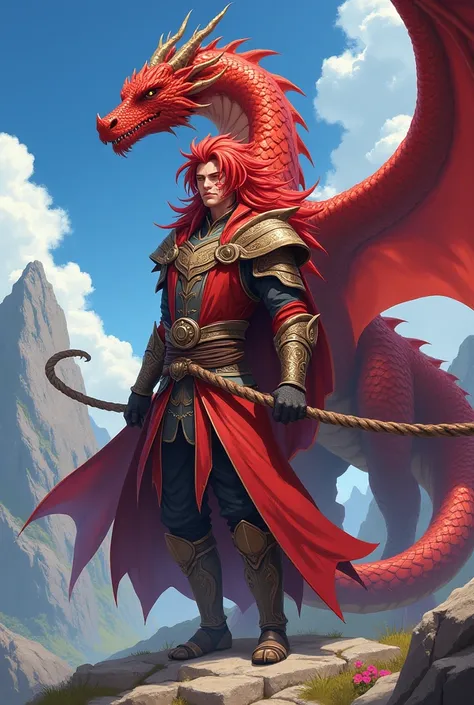 dragon tamer, classic anime style, red hair, scales on half of his face whip for a weapon, red dragon