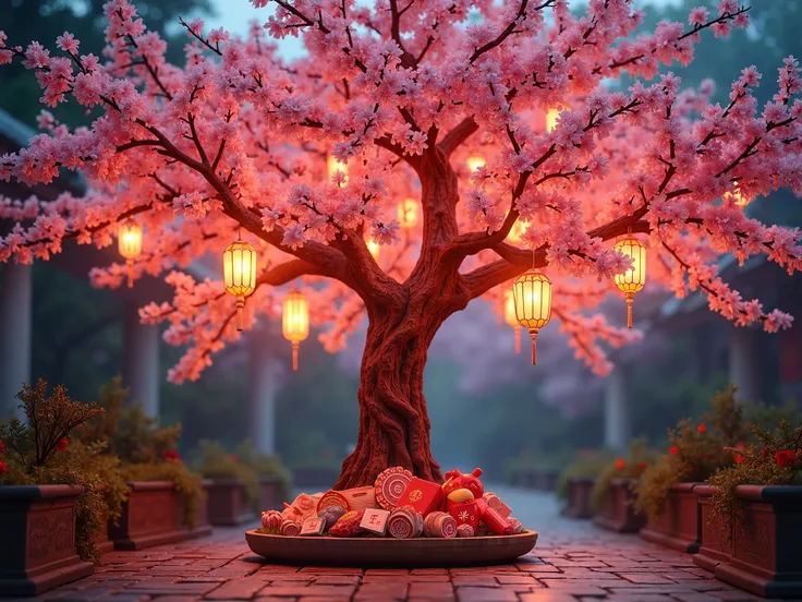 A Vietnamese peach blossom tree decorated with colorful flashing leg lights, on the tree are lucky money and Tet decorations.