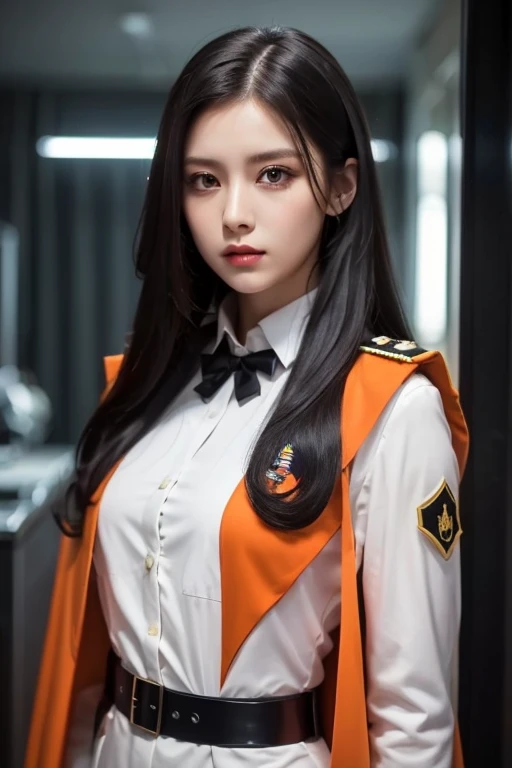  white  girl with long black hair is wearing a military uniform,  Orange Cape , Big hazel eyes,  Science Fiction , Dark mood, 