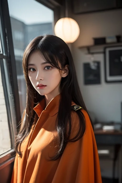  white  girl with long black hair is wearing a military uniform,  Orange Cape , Big hazel eyes,  Science Fiction , Dark mood, 