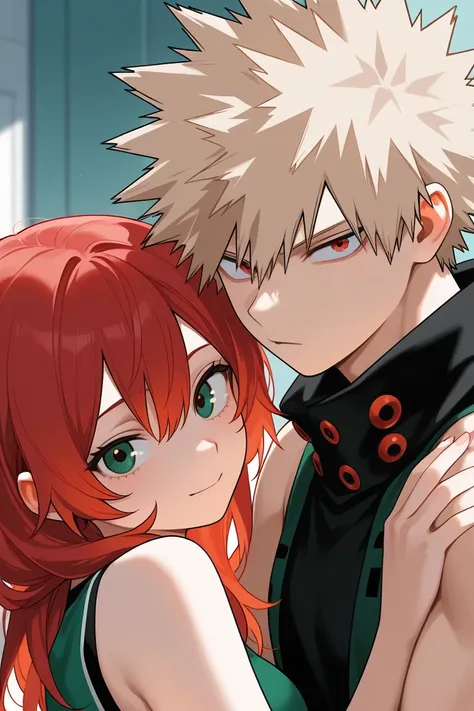 Bakugou katsuki with red eyes with a red-haired girl with emerald green eyes 