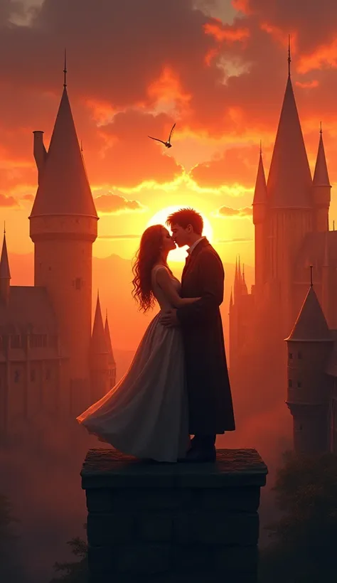 Epic wallpaper of a kiss between harry potter and Ginny Weasley on the top.of.the tower of the Hogwarts Castle. In the sunset sky one white owl