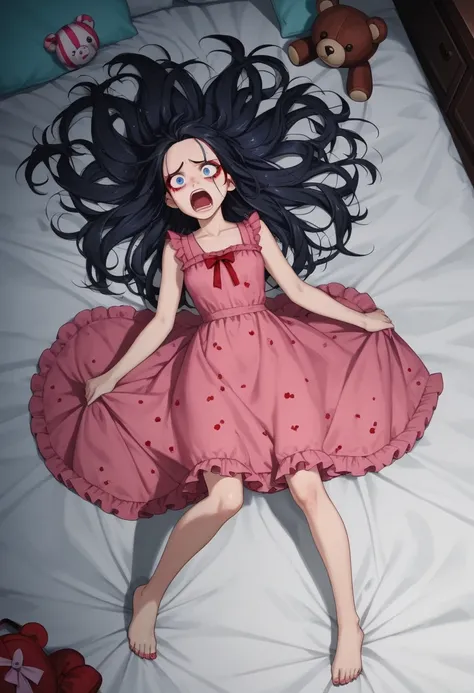 anime screencap, absurdres, high quality, official style,
agent mai, 1girl, solo, long hair, open mouth, black hair, barefoot, bedroom, stuffed toy, holding blanket, stuffed animal, holding teddy bear, sleeveless dress, screaming, scared, pink dress, raise...