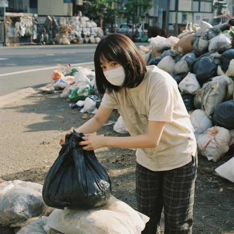 live-action, Long Trimmed Bangs, semi-long bob , middle school girl,Old and dirty white t-shirt ,Dirty black checked slacks , is wearing a dirty white mask, Tokyo ,I'm fishing for trash bags piled up in trucks