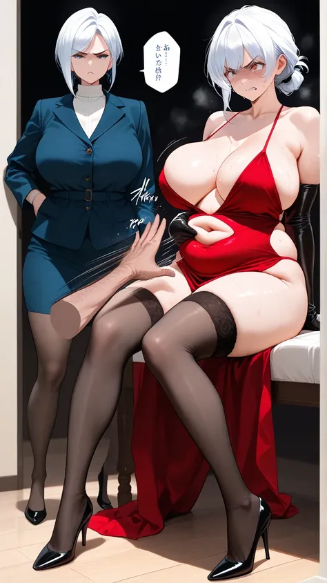 ((  Superb)), (( masterpiece)), (  Detailed  ),   Sexy Girl  ,   huge boobs ,  chubby body매,   chubby body,  naked,  black long stocking gloves,  long stockings that reach the foot, Mother,   Milf,   middle-aged woman ,  white hair,   has short hair ,  hai...