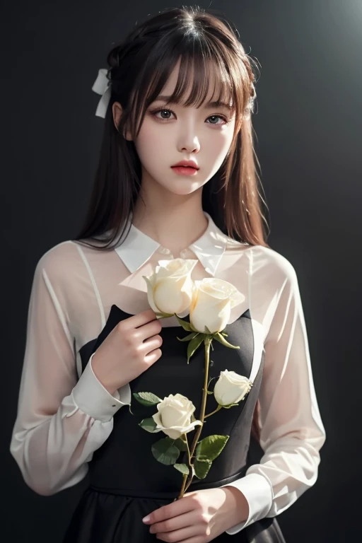 ((masterpiece,  top quality )), best aesthetics, 1 girl, Alone,  long hair,  black dress, flower, ribbon,  black background,  black hair,  Rose, hair ribbon,  green eyes,  Long Sleeve , white  Rose,   closed mouth , black ribbon,  upper body,  cinematic li...