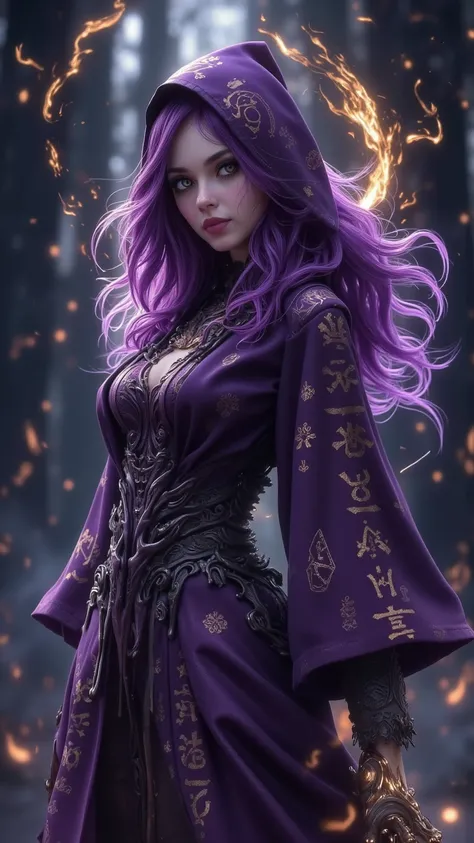 4K animation style quality of the powerful witch Mediah（Caster），Digital Drawing Mode 。She has flowing purple hair and golden eyes，Wearing a dark purple hooded robe with magic runes，Holding a glowing staff emitting ancient energy，Standing in a dark psychede...