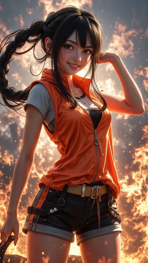  A high-quality 4K anime-style digital drawing ， depicts a fiery and confident young woman 。 She combed her long black hair in a braid ，Bright smile ， wearing an orange vest and black shorts 。 She stands in front of an island beach shining with flames， Fla...