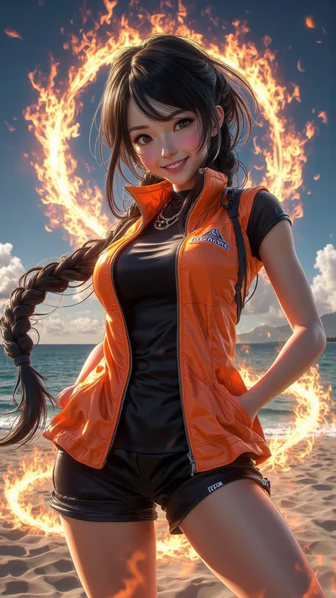  A high-quality 4K anime-style digital drawing ， depicts a fiery and confident young woman 。 She combed her long black hair in a braid ，Bright smile ， wearing an orange vest and black shorts 。 She stands in front of an island beach shining with flames， Fla...