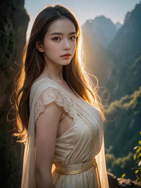 best qualtiy, masterpiece, (realistic:1.6), raw photograph, 1girl, portrait, ancient greek dress, mythical golden scale mantle, view from side, deep shading, low tune, soft light, looking to the front, sexy pose, long dark golden hair, outdoor, background ...