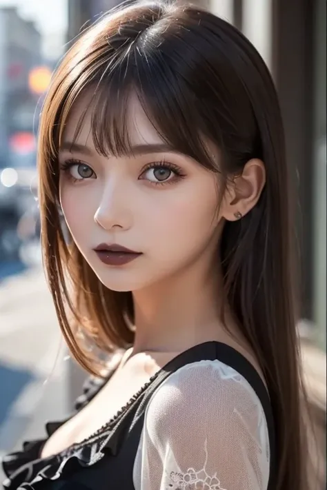 One Girl, (A beauty girl, Delicate girl:1.3), (:1.3),
break, (Gothicta, Frills, race:1.3),
break, Very fine grain definition, (Symmetrical eyes:1.3),
break, (Street view:1.3),
break, Small breasts, Brown eyes, Parted bangs, Brown Hair,  ,
break, (Eye and f...