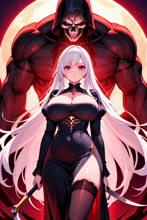 8k, Masterpiece, best quality, ultra detailed, high resolution, super fine illustration, 1girl ,god of death, white hair, long hair,red eyes,huge breasts, black dress, thighhighs, holding Sickle of the Reaper, looking at viewer,