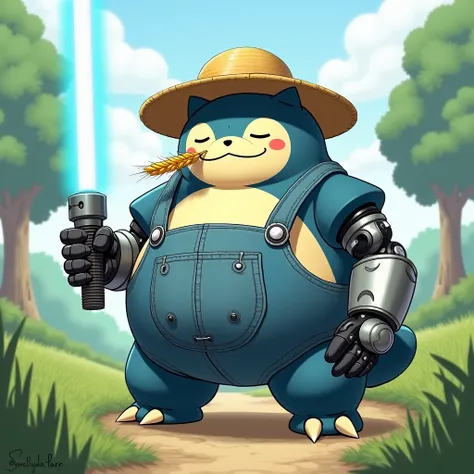 Draw a Snorlax Pokémon wearing overalls, with a straw hat and a piece of wheat in mouth, robotic arm, wielding a blue lightsaber