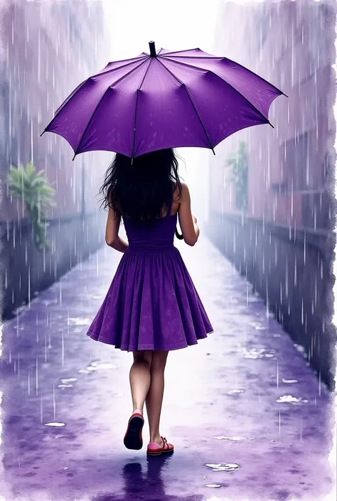 Purple Rain 
Create an abstract expressionist wet on wet watercolor painting of a girl holding a purple umbrella in the rain. The entire painting has a saturated appearance, with the paint appearing ro run down the image with the rain. The girl is also dre...