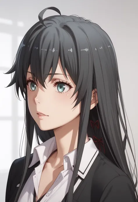  better quality,  masterpiece, excellent proportions, Yukino Yukinoshita, cabello negro, ( black hair),  ojos azules,  Long hair, Ahoge,