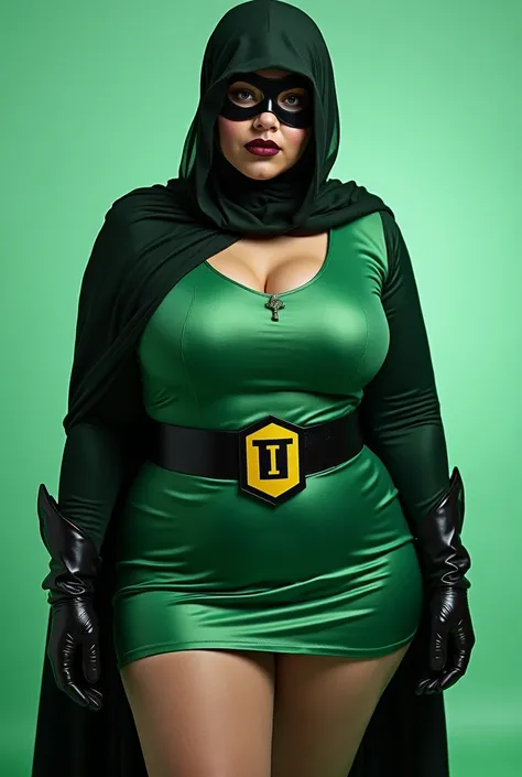 20 year old plus size Arabian woman as supervillain wearing Long Sleeve scoop-neck pullover minidress,mint green leggings,hijab,belt,gloves and masquerade mask. her costume is see through. she got big breasts and big ass.  she's exposing her breasts and he...