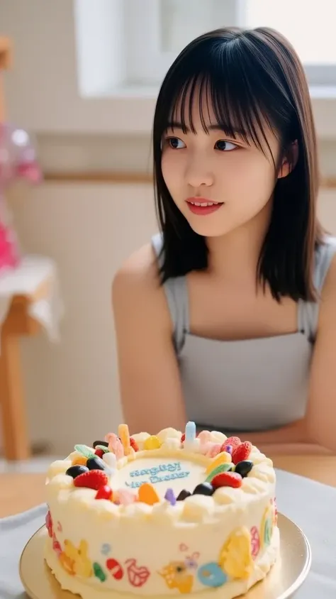 "An image of a young Japanese woman gazing at a beautifully decorated birthday cake. The cake is adorned with colorful icing, fresh fruits, and candles. The woman has long black hair and is wearing a casual, elegant outfit. The setting is a cozy room with ...