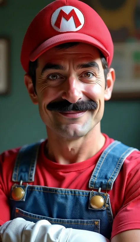 A hyper-realistic version of Mario, as if he existed in real life. He is a man around 40 years old, with a slightly rounded face, fair skin, and subtle signs of aging, such as wrinkles and visible pores. His mustache is thick, dark, and well-trimmed, with ...