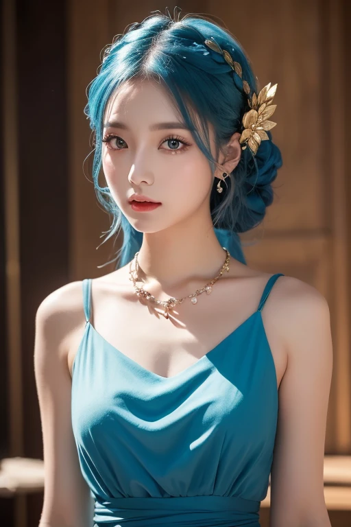  top quality , skilled,  Hair Detail ,  high resolution, (((itch))) , necklace,  hair accessories, ( beautiful faces),  blue dress,  Watch Viewers ,  Blue Hair,  is standing, （Above the waist），Medusa