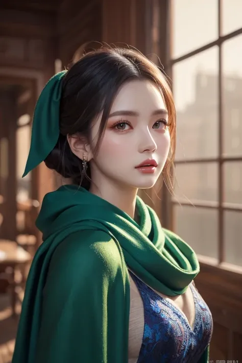 A woman in a blue dress with a long green scarf,facaup,, Beautiful Portraits,  beautiful fantasy empress , Jan J, style of  ART GEL ,  ART GEL  and ruan jia, extremely detailed  ART GEL , trending  ART GEL ,  ART GEL .   animated illustration  , ruan jia a...