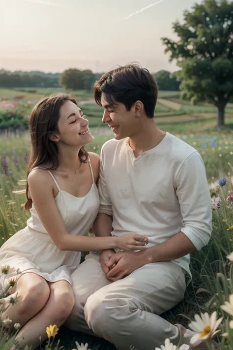  The main character sits in a field of colorful flowers , smiling with his parents next to him .  Gentle light and dream-like effects create a magical atmosphere."
