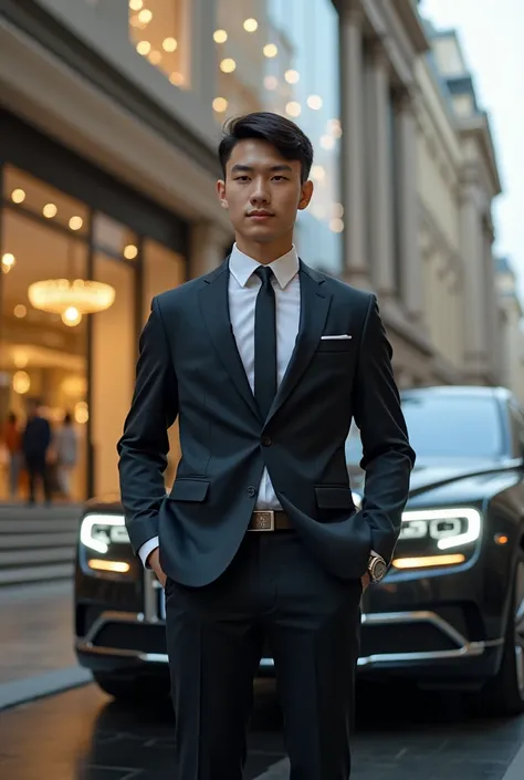 A boy wared full suit and rollex watch is infront of a big shopping mall with a rolls royec