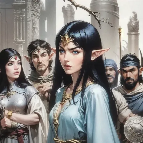 a beautiful elf with long silky black hair, captivating blue eyes,  Thin Lips,  Round face,   pointy ears ,  small breasts, Furious, elf warrior,