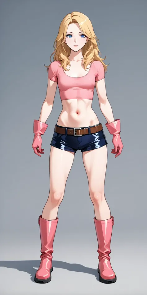 Adult woman, long hair, blonde, blue eyes, toned body, medium chest, fit pink crop shirt, scoop neckline, short sleeves, wrist pink gloves, expose navel, low-rise dark blue shorts with brown belt and metal buckle, leather shorts, knee-high pink boots, full...