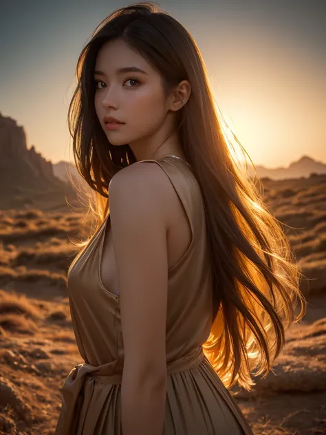 best qualtiy, masterpiece, (realistic:1.6), raw photograph, 1girl, portrait, ancient hebrew dress, deep shading, low tune, soft light, looking to the front, sexy pose, long golden hair, outdoor, distant primordial dinosaur landscape background, night time,...