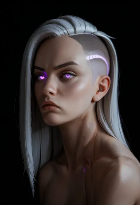 one woman, (purple eyes, purple glowing eyes:1.2), (white hair, shaved haircut, long hair:1.3), (face up-close:1.3), (black background, clear background:1.5), (serious face:1.2), (bare shoulders, nude, head with cyber augmentations:1.4)