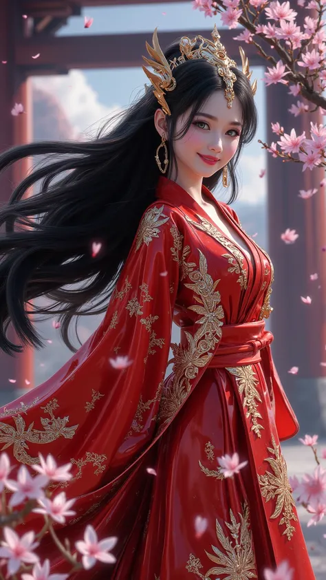  A gorgeous queen ， inspired by the serpent Buohankau ， is rendered in 4K animation style ，Digital painting ， with black long hair flowing ， wearing a bright red robe with golden dragon ， Bright Blue Eyes ， Confident smile ， standing in blossoming flowers ...