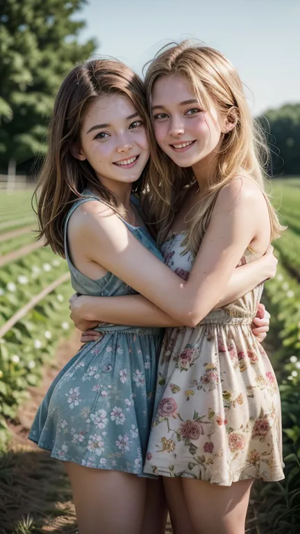  Two thirteen-year-old friends, hugs ,   beautiful, (on a farm), 1 with blonde hair ,  1 with brown hair, wearing short floral dress,   looking and smiling at the observer .