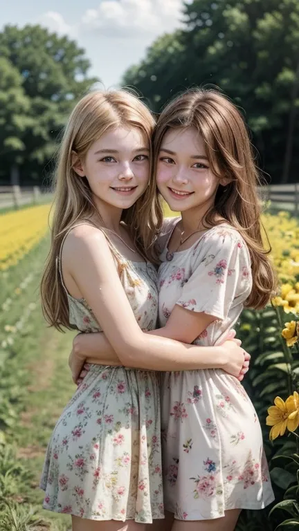  Two thirteen-year-old friends, hugs ,   beautiful, (on a farm), 1 with blonde hair ,  1 with brown hair, wearing short floral dress,   looking and smiling at the observer .