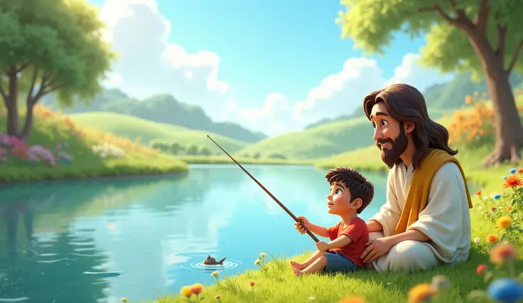 

"Create a serene and heartwarming 3D cartoon scene of Jesus and João fishing together by a calm, sparkling lake. Jesus has soft, kind features, long brown hair, and wears a simple white robe with a golden sash. He sits gently on the grassy shore, holding...