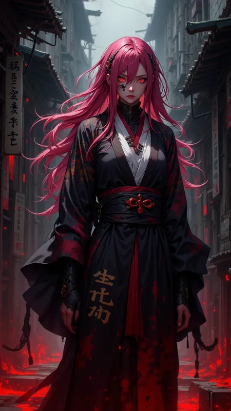 4K anime style quality ，Digital Painting Mode ， A person with long and sharp pink hair 、 Glowing dark red eyes and black curse marks adorning the whole body of the menacing woman， wearing a dark worn and blood-red kimono ， stands in an abandoned alley surr...