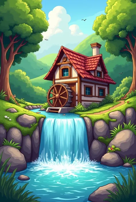 Beautiful waterfall and watermill cartoon image