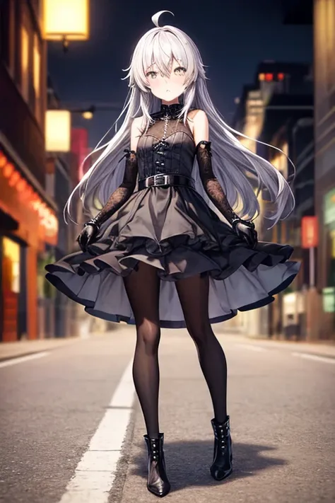 ((best quality)), ((masterpiece)), (detailed), 1 girl, Full body, s, embarrassed face, Silver eye, Grey hood, Blushing, Silver hair, Straight hair, long hair, ahoge, Bangs, Lock of hair covering right eye, Full body, very tall, small breasts, Slim body, Me...