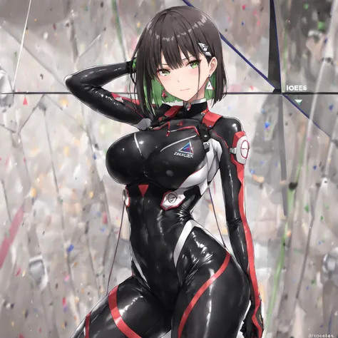 masterpiece, (((( best quality )))),,,shiny skin, wearing a black pilot suit, dark hair, short bob hair,The inner color of the hair is green, green eyes,isosceles triangle earrings,,,large breasts,