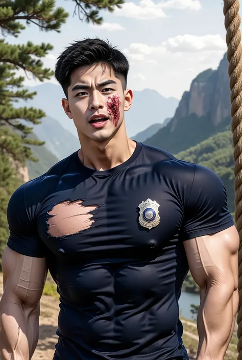 A handsome Korean man in a navy short-sleeved round-neck shirt bearing a police badge, large muscles, was strung with a rope to a tree, he wept in agony, there was a slight bruise on his cheek, his shirt was torn., torn2, ,Nail marks, Scratch marks, Scratc...